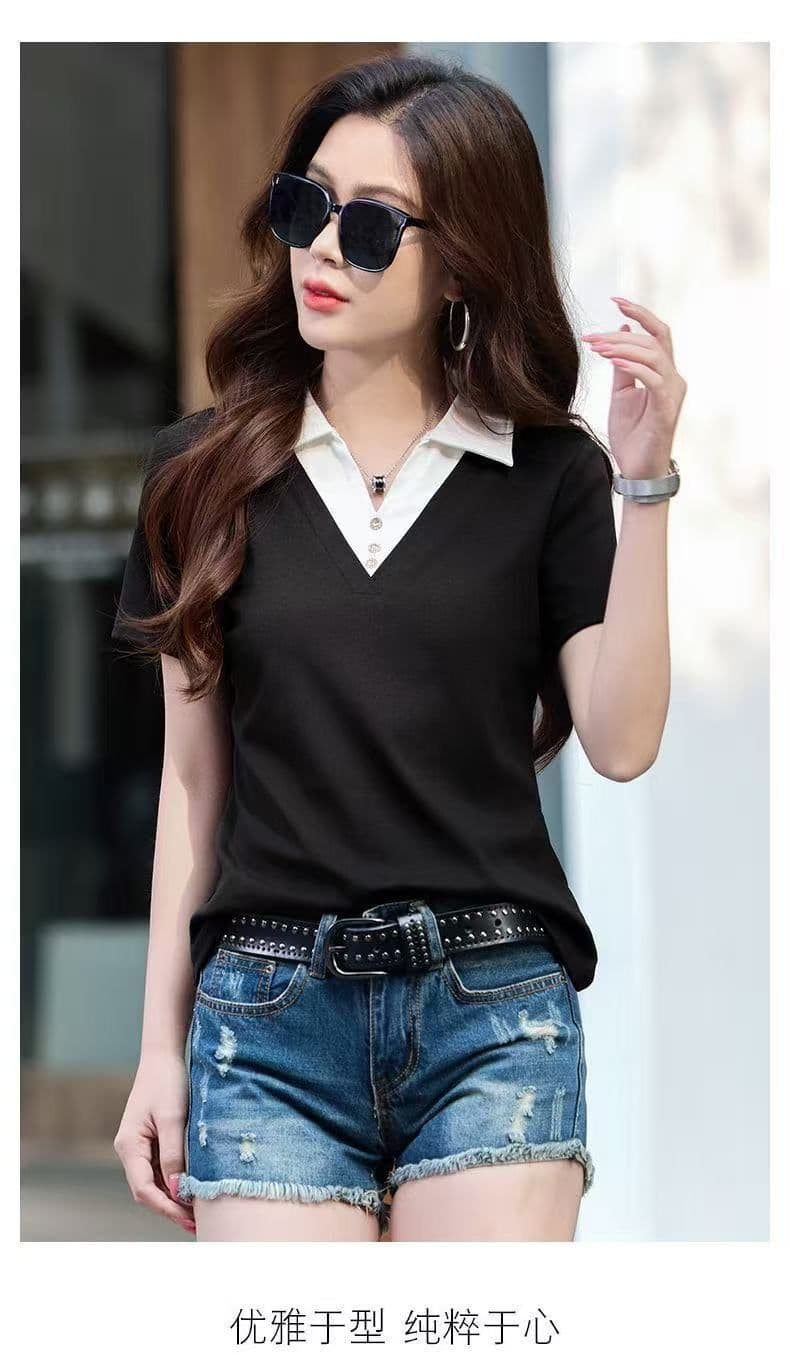 40 92 면 반팔 티셔츠 여성 여름 배색 POLO 칼라 한국 스타일 미니멀리즘 탑 옷깃 몸매 가꾸기 맨위 상세 이미지 18