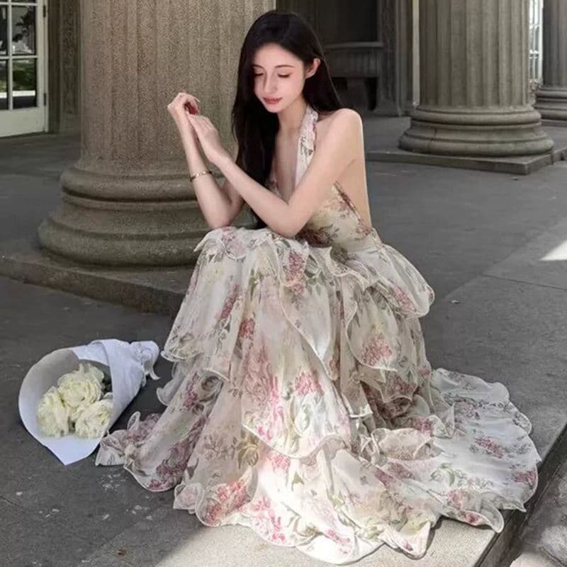 원본 것 있음 네리 프랑스식 휴가 바람 프린트 행침 목 쉬폰 케이크 롱 스커트 여성 V넥 여성 드레스 여름 이미지 5