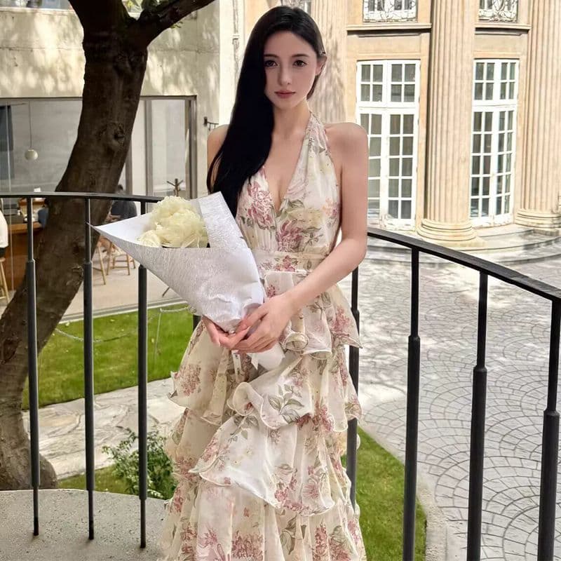 원본 것 있음 네리 프랑스식 휴가 바람 프린트 행침 목 쉬폰 케이크 롱 스커트 여성 V넥 여성 드레스 여름 이미지 4
