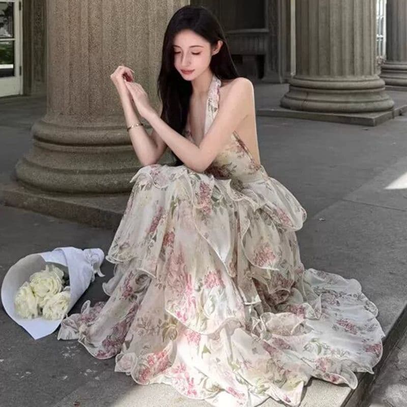 원본 것 있음 네리 프랑스식 휴가 바람 프린트 행침 목 쉬폰 케이크 롱 스커트 여성 V넥 여성 드레스 여름 이미지 3