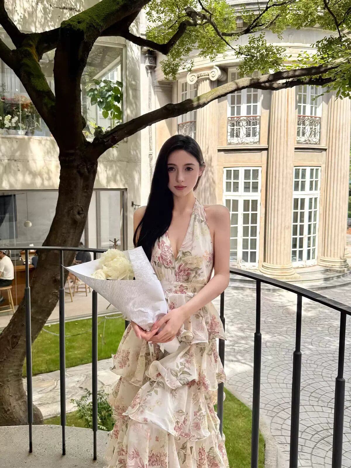 원본 것 있음 네리 프랑스식 휴가 바람 프린트 행침 목 쉬폰 케이크 롱 스커트 여성 V넥 여성 드레스 여름 상세 이미지 2