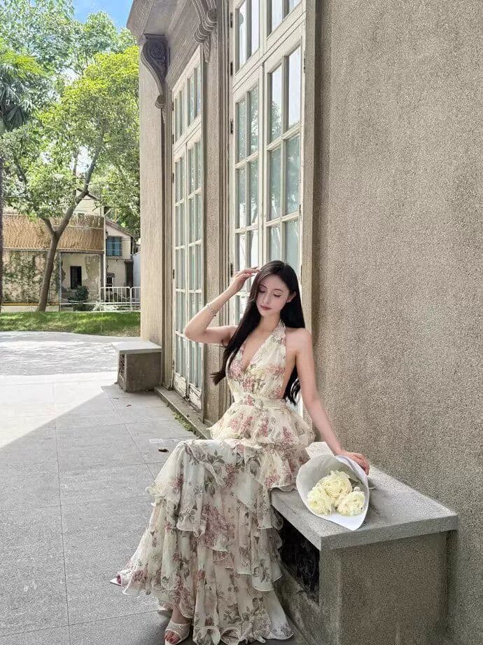 원본 것 있음 네리 프랑스식 휴가 바람 프린트 행침 목 쉬폰 케이크 롱 스커트 여성 V넥 여성 드레스 여름 상세 이미지 12