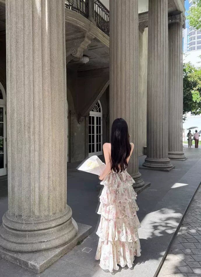 원본 것 있음 네리 프랑스식 휴가 바람 프린트 행침 목 쉬폰 케이크 롱 스커트 여성 V넥 여성 드레스 여름 상세 이미지 14