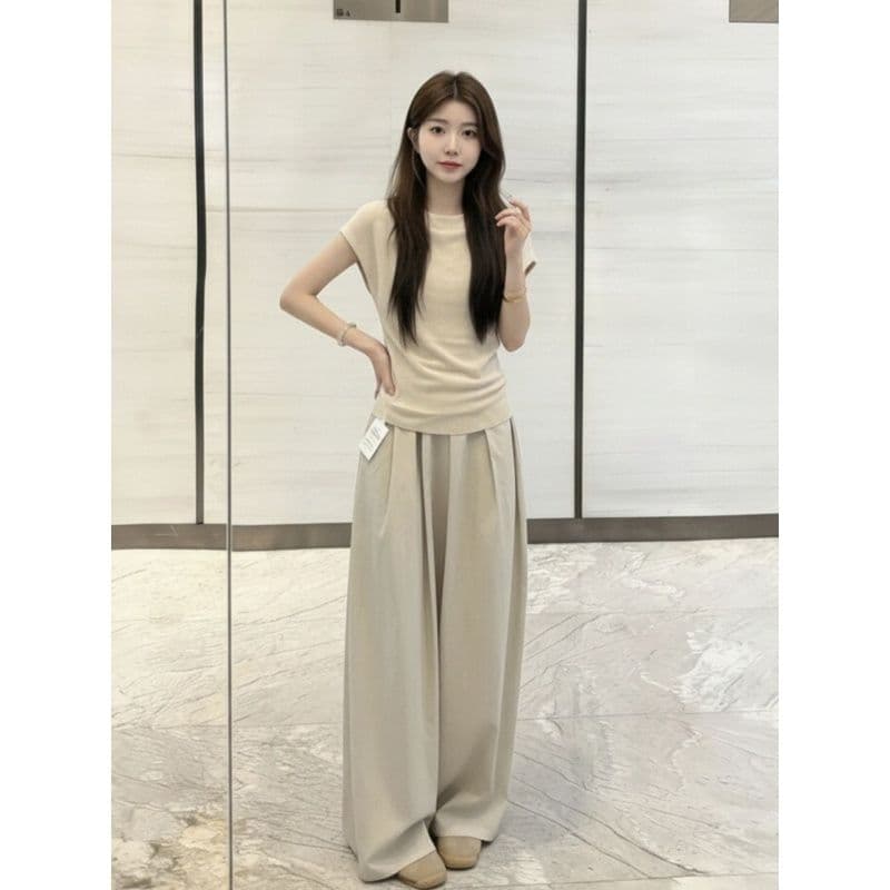 소금 부서 스포츠 슈트 여성 여름 새로운 루즈핏 패션 착용 가져 가라. 전체 집합 반팔 와이드 레그 팬츠 캐주얼 투피스 세트 상세 이미지 4