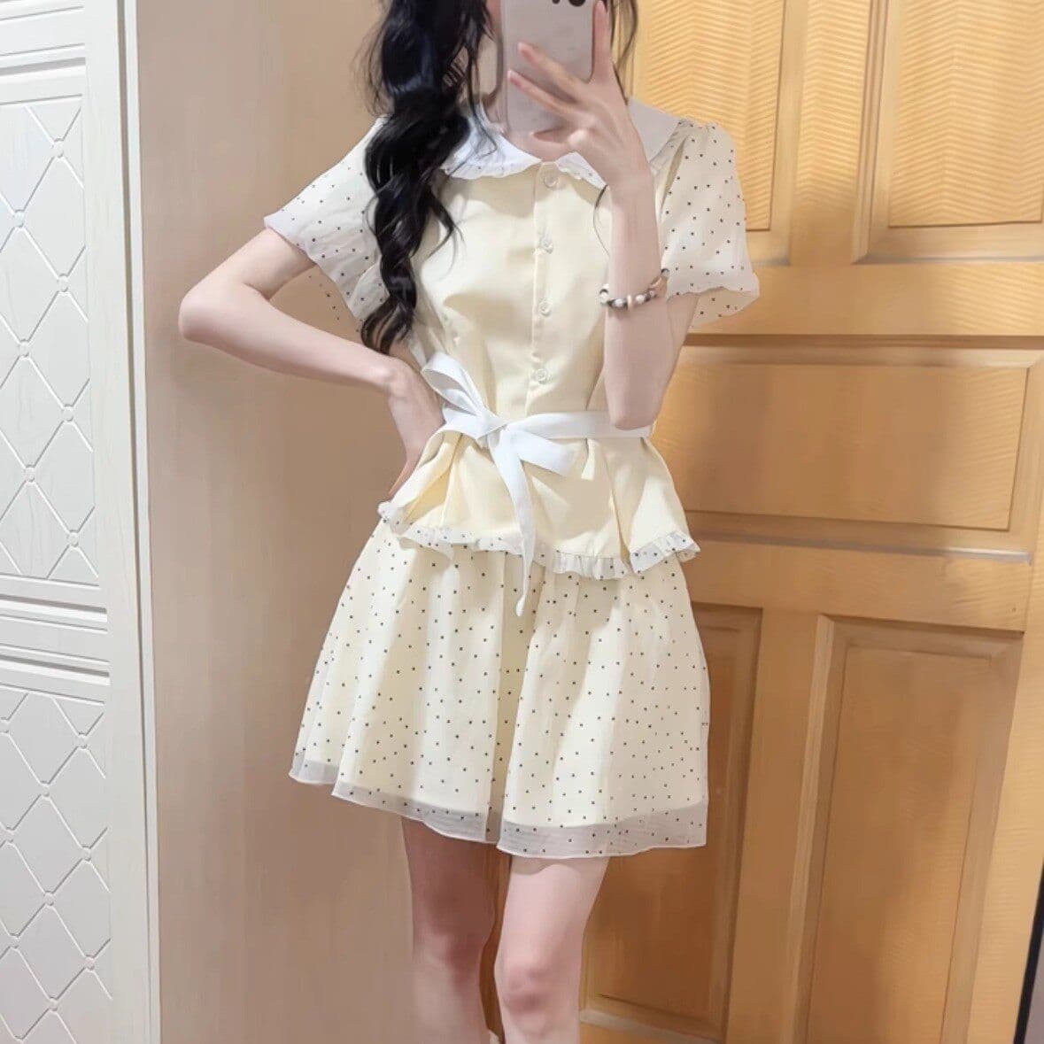 달콤한 자매 학원 스타일 도트 무늬 반신 치마 세트 여성 여름 베이비 칼라 반팔 맨위 케이크 미니 스커트 투피스 세트 이미지 5