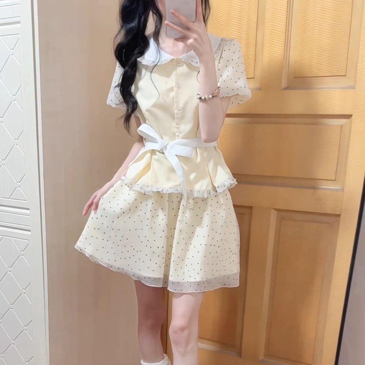 달콤한 자매 학원 스타일 도트 무늬 반신 치마 세트 여성 여름 베이비 칼라 반팔 맨위 케이크 미니 스커트 투피스 세트 이미지 4