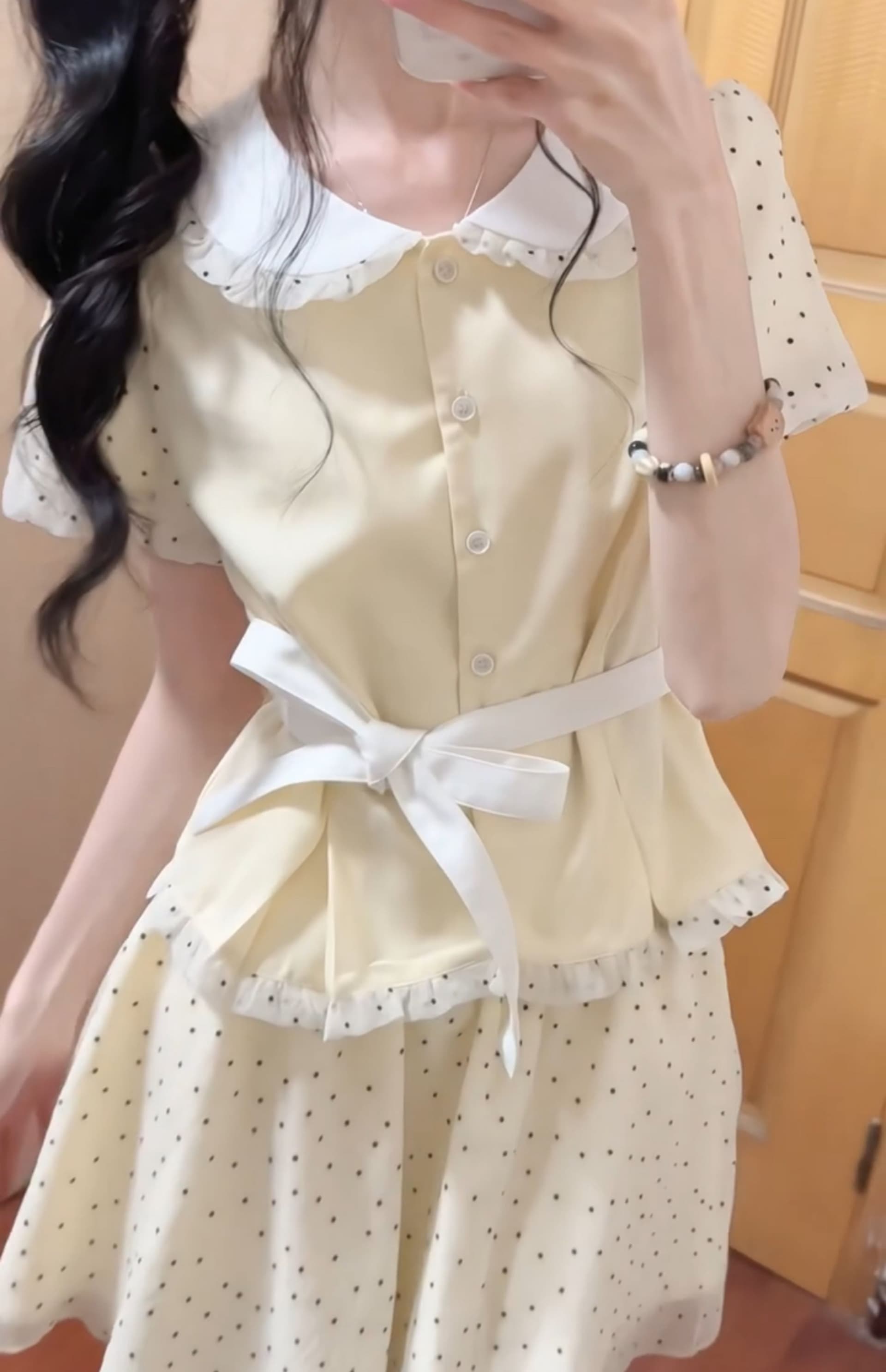 달콤한 자매 학원 스타일 도트 무늬 반신 치마 세트 여성 여름 베이비 칼라 반팔 맨위 케이크 미니 스커트 투피스 세트 상세 이미지 4