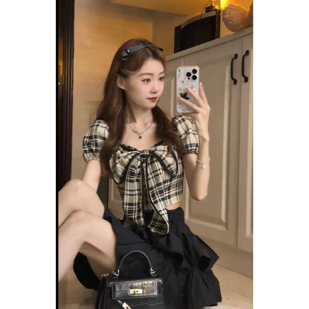 나비 매듭 거품 소매 격자 무늬 셔츠 디자인 센스 쇼트 스타일 프랑스식 광장 칼라 맨위 다용도 슬림해 보이는 여성