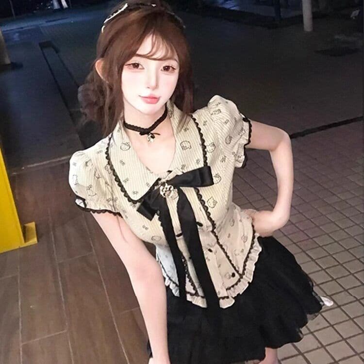 일본식 달콤함 학원 스타일 나비 매듭 반팔 허리 수축 셔츠 맨위 여성 하이웨이스트 퍼프 케이크 드레스 두 세트 로드 중