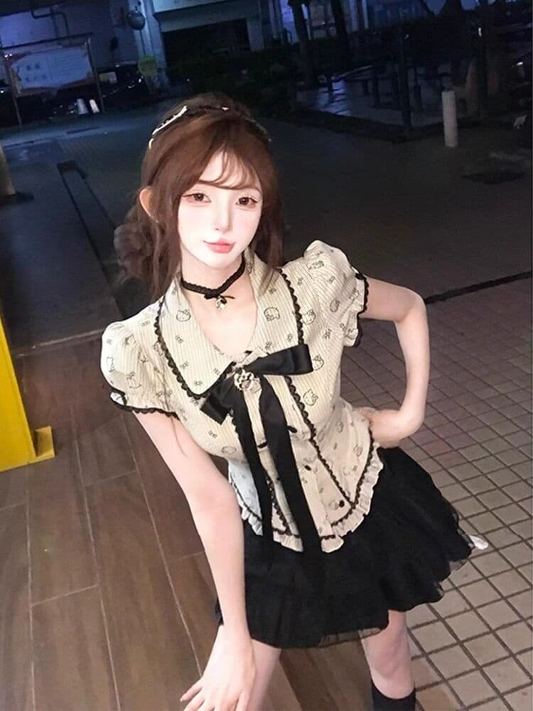 일본식 달콤함 학원 스타일 나비 매듭 반팔 허리 수축 셔츠 맨위 여성 하이웨이스트 퍼프 케이크 드레스 두 세트 로드 중 상세 이미지 3