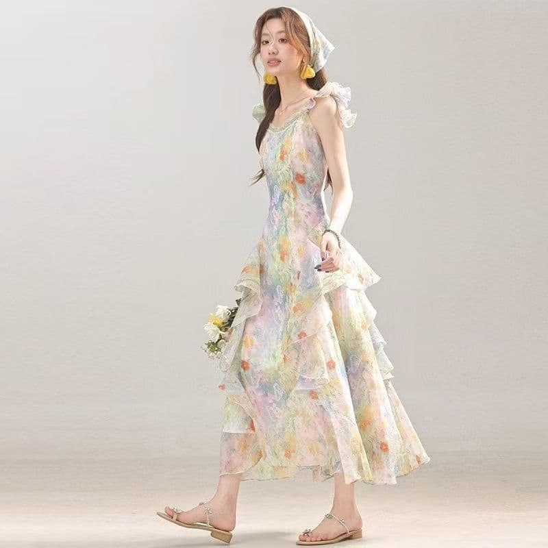센 부서 프랑스식 자이언트 잘 생긴 유화 꽃무늬 드레스 여름 새로운 휴가 바람 문예 롱 스커트 몸매 가꾸기 슬림해 보이는 이미지 3