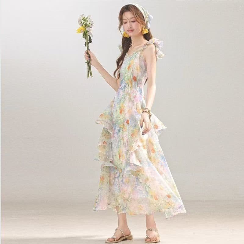 센 부서 프랑스식 자이언트 잘 생긴 유화 꽃무늬 드레스 여름 새로운 휴가 바람 문예 롱 스커트 몸매 가꾸기 슬림해 보이는 이미지 5