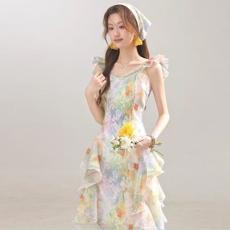 센 부서 프랑스식 자이언트 잘 생긴 유화 꽃무늬 드레스 여름 새로운 휴가 바람 문예 롱 스커트 몸매 가꾸기 슬림해 보이는 상세 이미지 2