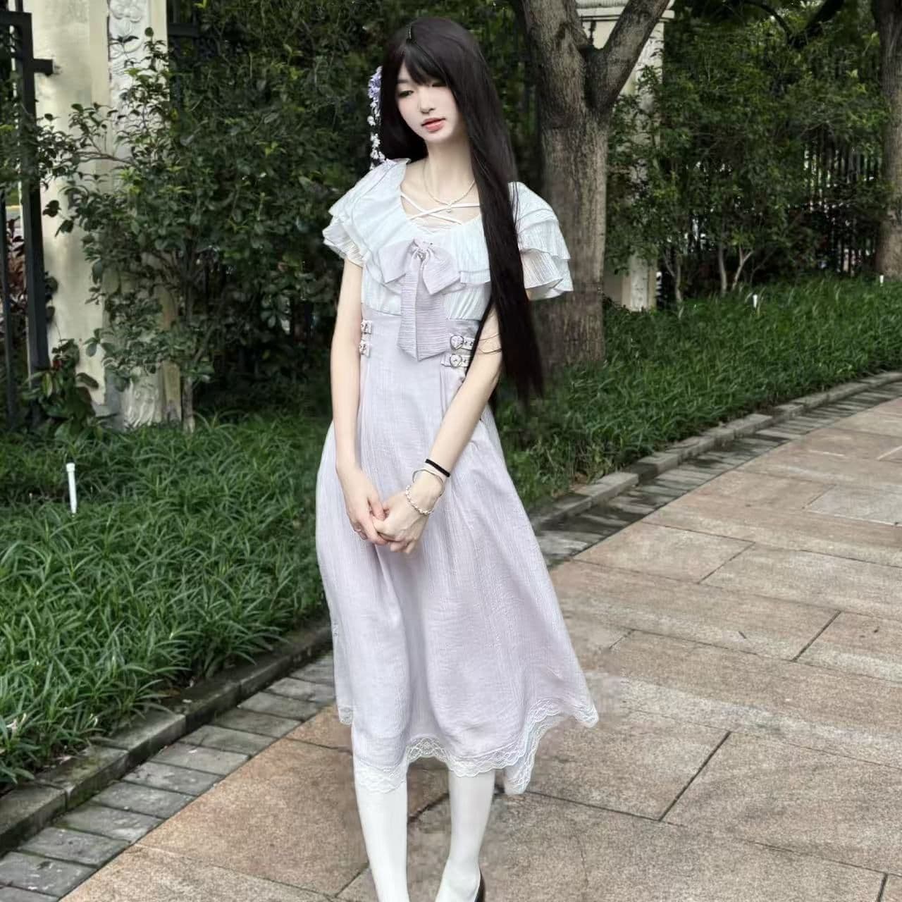 보라색 아이리스 시 여름 달콤함 부드러운 프릴 요정 가스 여성 보라색 오프숄더 롱 스커트 나비 매듭 드레스