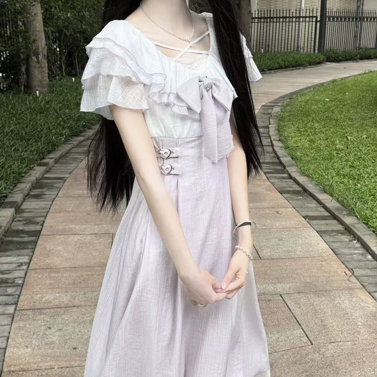 보라색 아이리스 시 여름 달콤함 부드러운 프릴 요정 가스 여성 보라색 오프숄더 롱 스커트 나비 매듭 드레스 이미지 3