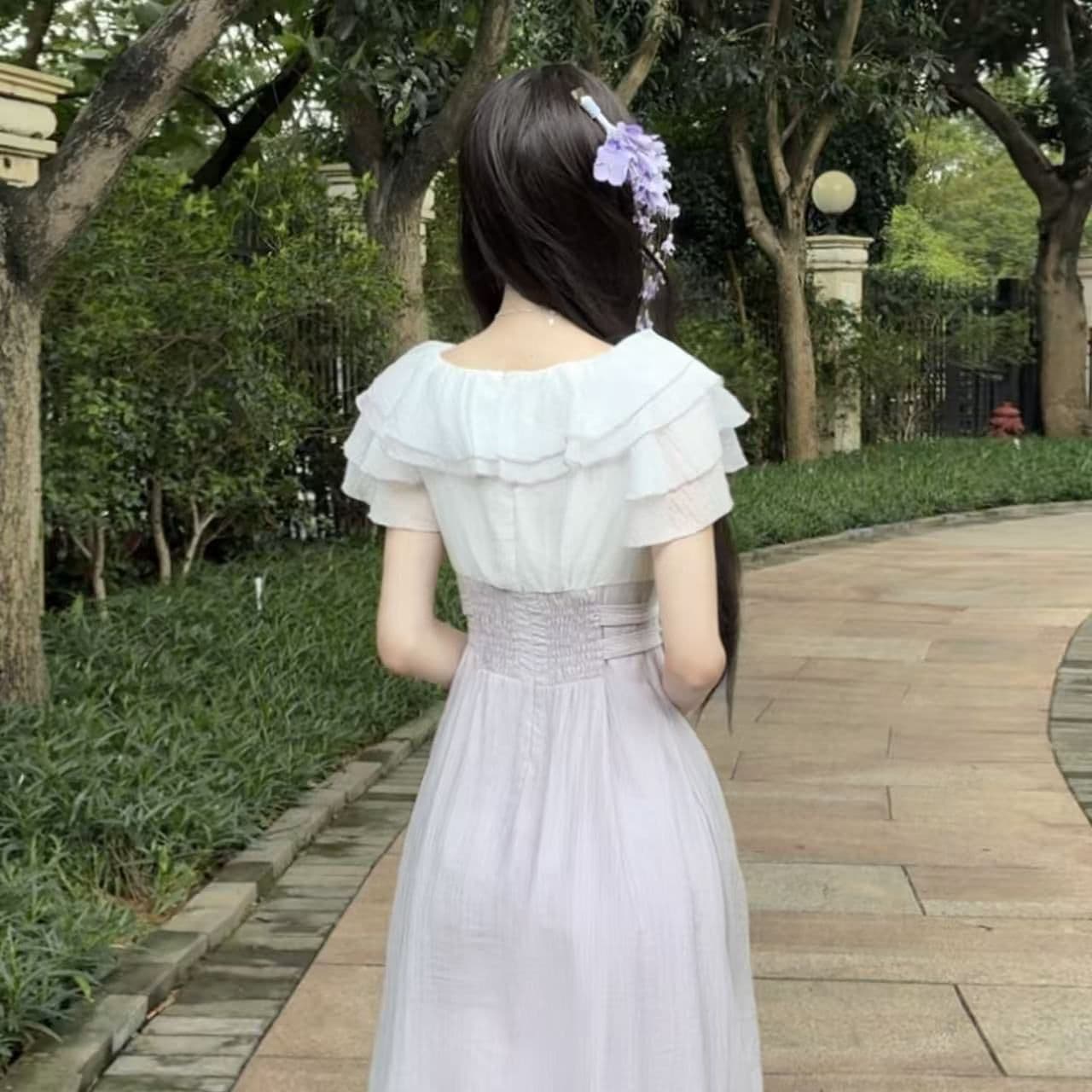 보라색 아이리스 시 여름 달콤함 부드러운 프릴 요정 가스 여성 보라색 오프숄더 롱 스커트 나비 매듭 드레스 이미지 4