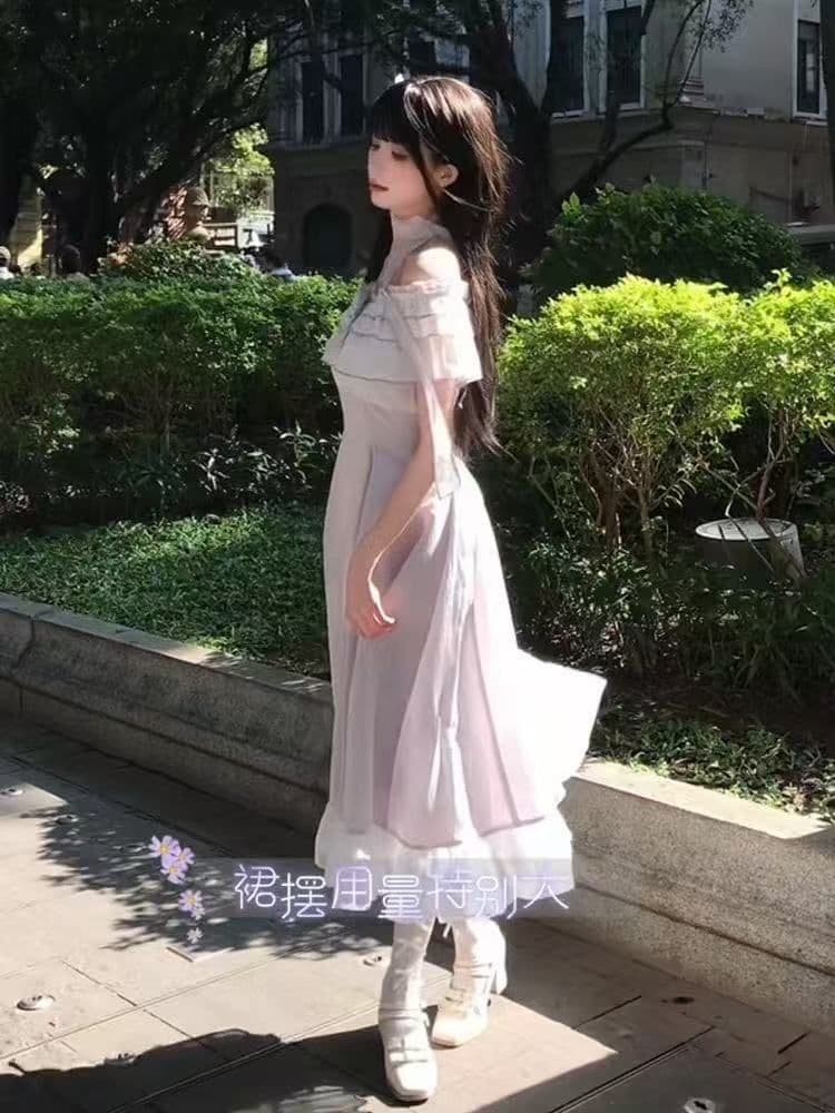 보라색 아이리스 시 여름 달콤함 부드러운 프릴 요정 가스 여성 보라색 오프숄더 롱 스커트 나비 매듭 드레스 상세 이미지 1