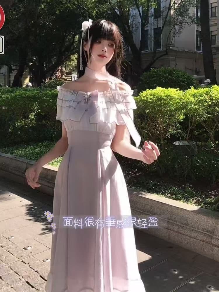 보라색 아이리스 시 여름 달콤함 부드러운 프릴 요정 가스 여성 보라색 오프숄더 롱 스커트 나비 매듭 드레스 상세 이미지 2