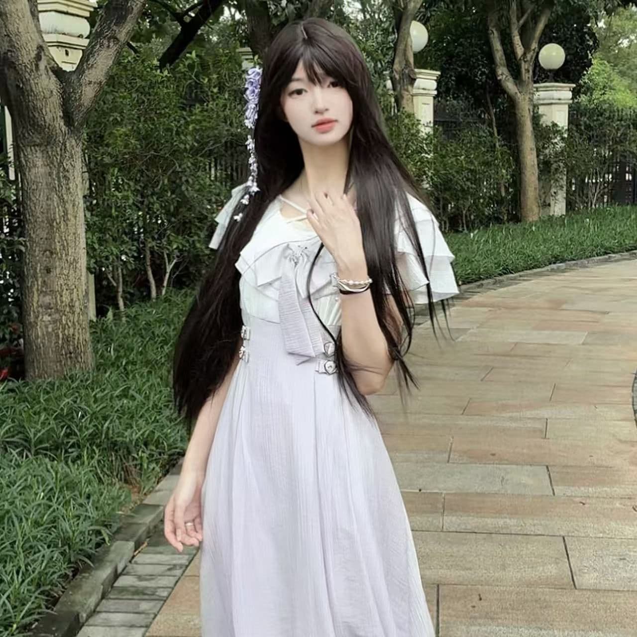 보라색 아이리스 시 여름 달콤함 부드러운 프릴 요정 가스 여성 보라색 오프숄더 롱 스커트 나비 매듭 드레스 상세 이미지 4