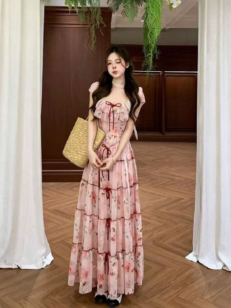 여름 새로운 프랑스식 레트로 프릴 나비 매듭 롱 스커트 허리 수축 꽃무늬 휴가 슬림해 보이는 품격 여성 드레스 이미지 3
