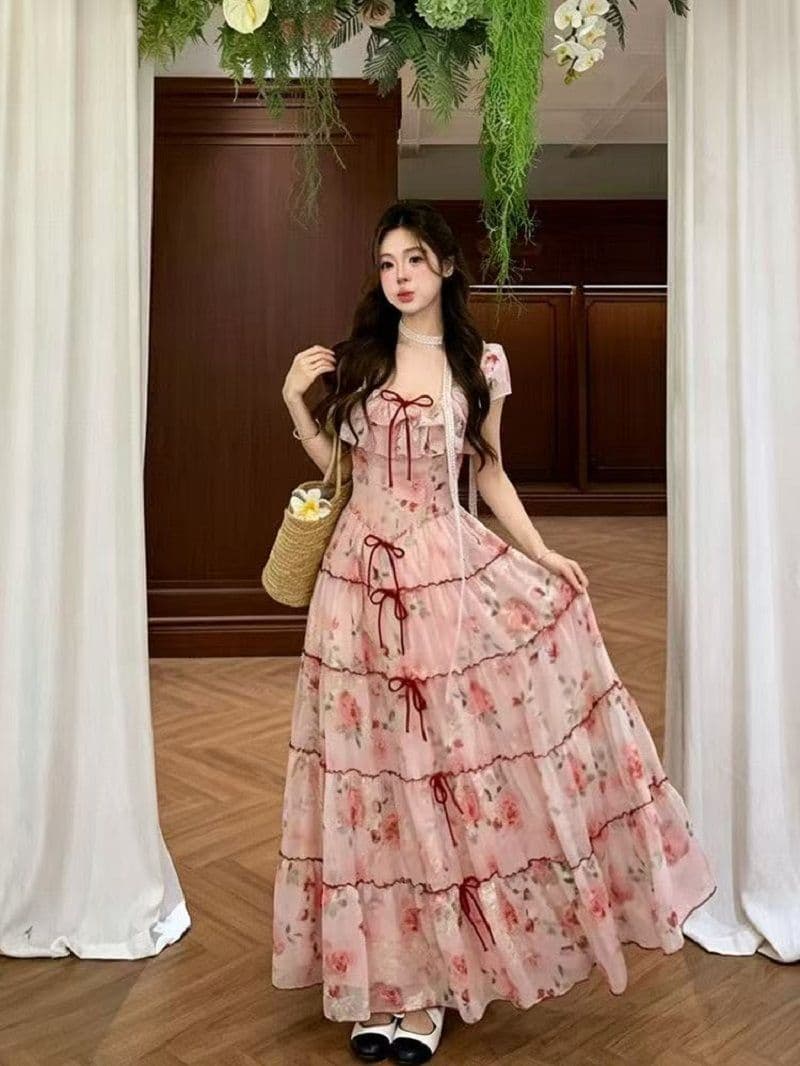 여름 새로운 프랑스식 레트로 프릴 나비 매듭 롱 스커트 허리 수축 꽃무늬 휴가 슬림해 보이는 품격 여성 드레스 상세 이미지 3