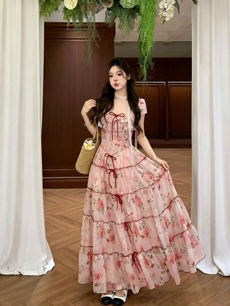 여름 새로운 프랑스식 레트로 프릴 나비 매듭 롱 스커트 허리 수축 꽃무늬 휴가 슬림해 보이는 품격 여성 드레스 상세 이미지 6
