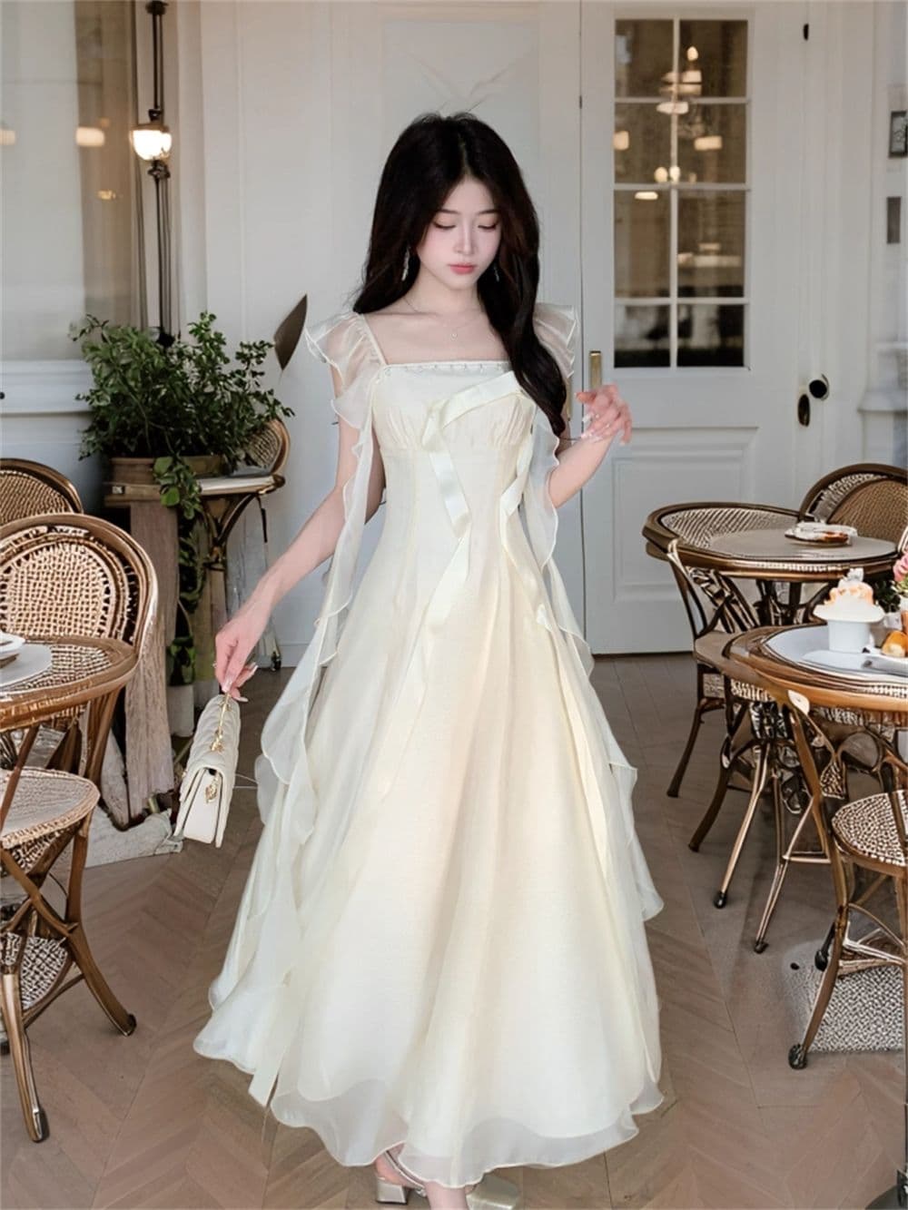 프랑스식 광장 칼라 달콤함 나비 매듭 리본 품격 우아함 슬림해 보이는 드레스 공단 빛 접기 에어포일 여름 롱 스커트 이미지 3