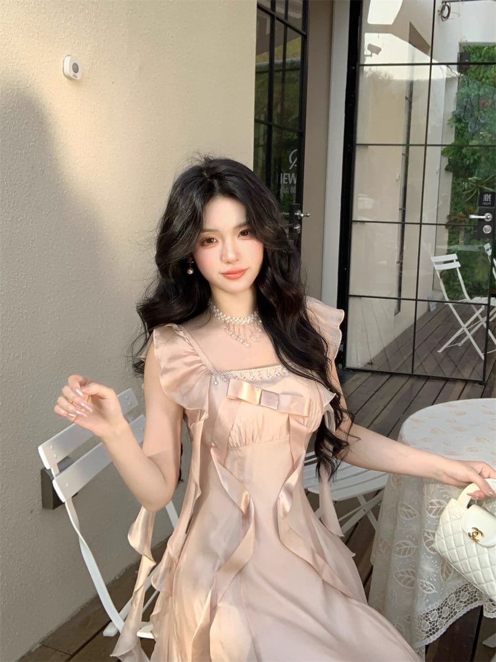 프랑스식 광장 칼라 달콤함 나비 매듭 리본 품격 우아함 슬림해 보이는 드레스 공단 빛 접기 에어포일 여름 롱 스커트 상세 이미지 8