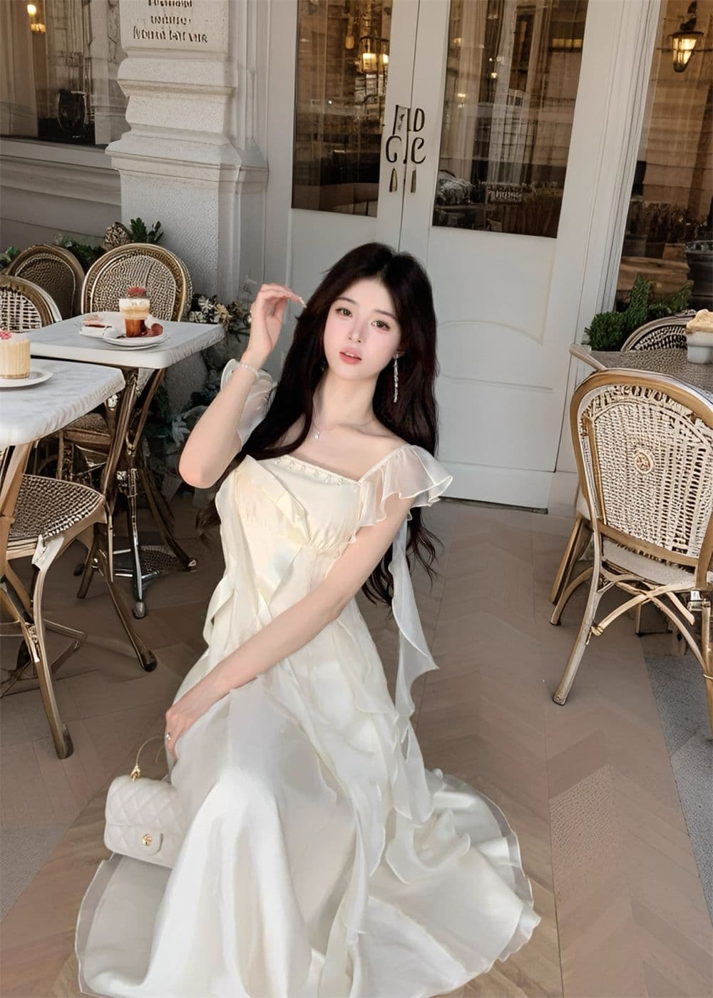 프랑스식 광장 칼라 달콤함 나비 매듭 리본 품격 우아함 슬림해 보이는 드레스 공단 빛 접기 에어포일 여름 롱 스커트 상세 이미지 11