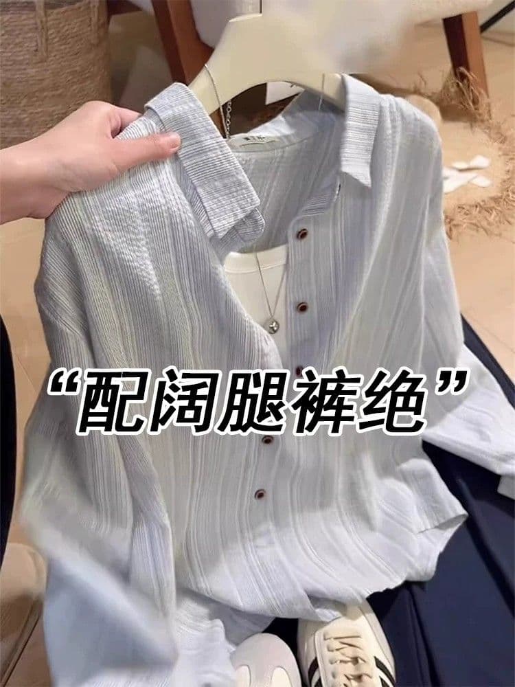 한 부서 레트로 파란색 스트라이프 폴로 칼라 자외선 차단 의류 여성 여름 새로운 고급 센스 루즈핏 느긋한 얇고 가벼운 셔츠 재킷 이미지 2