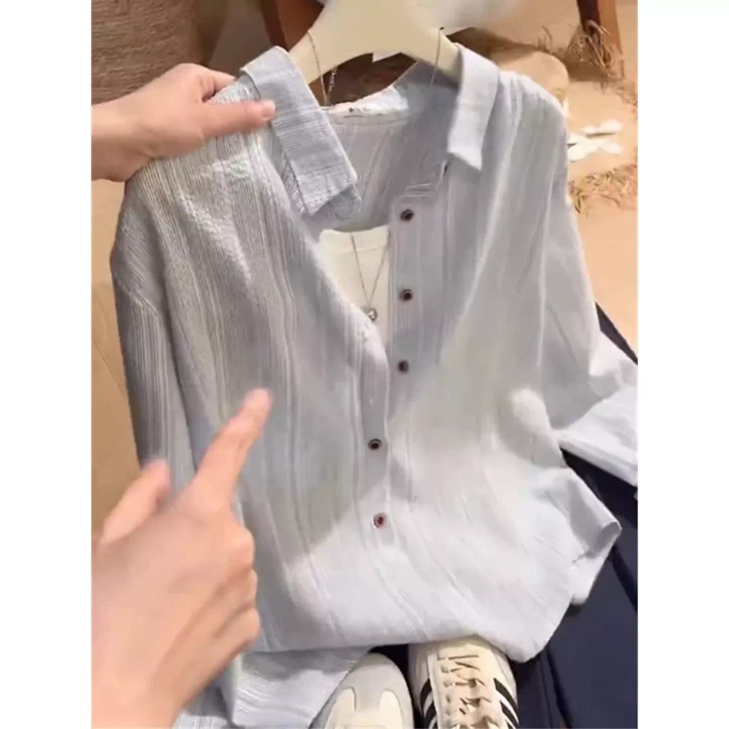 한 부서 레트로 파란색 스트라이프 폴로 칼라 자외선 차단 의류 여성 여름 새로운 고급 센스 루즈핏 느긋한 얇고 가벼운 셔츠 재킷 상세 이미지 5