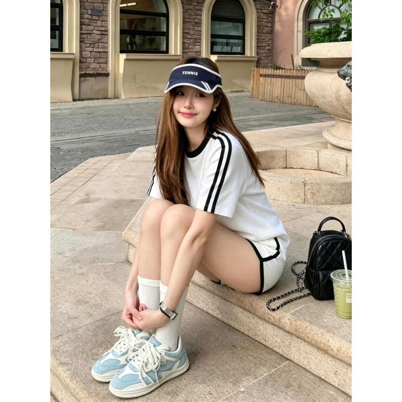 튀김 거리 패션 스포츠 슈트 여성 여름 학생 한국 스타일 루즈핏 슬림해 보이는 반팔 반바지 러닝 캐주얼 투피스 세트 이미지 5