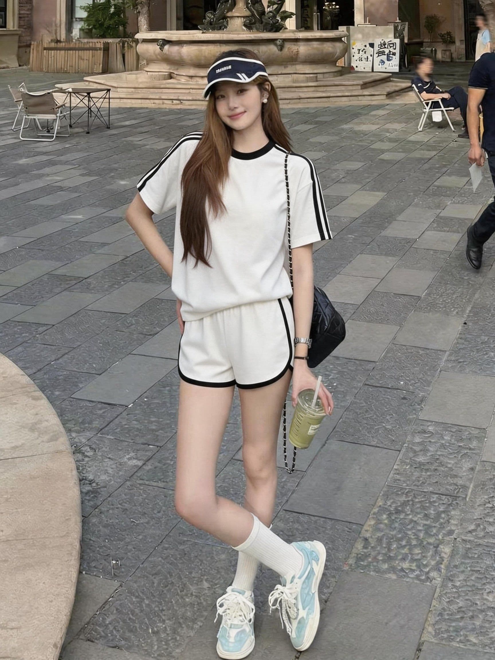 튀김 거리 패션 스포츠 슈트 여성 여름 학생 한국 스타일 루즈핏 슬림해 보이는 반팔 반바지 러닝 캐주얼 투피스 세트 상세 이미지 3