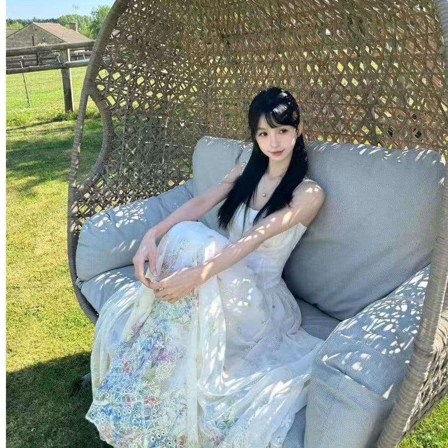 휴가 바람 가짜 무거운 작업 자수 슬립 여성 드레스 여름 허리 수축 슬림해 보이는 여름 아름다운 꽃무늬 롱 스커트 이미지 4