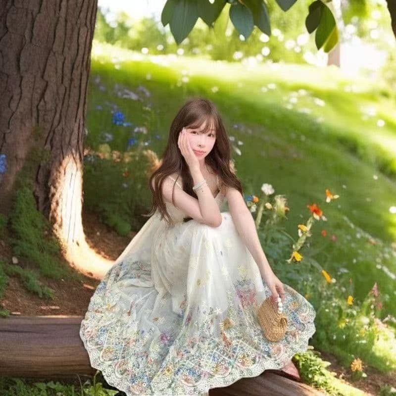 휴가 바람 가짜 무거운 작업 자수 슬립 여성 드레스 여름 허리 수축 슬림해 보이는 여름 아름다운 꽃무늬 롱 스커트 상세 이미지 4