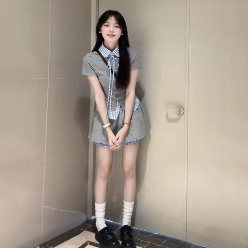 학원 스타일 한 부서 chic 세트 여성 여름 자이언트 잘 생긴 작은 키 관대 한 점잖은 여름 ootd 착용 가져 가라. 전체 집합 이미지 2