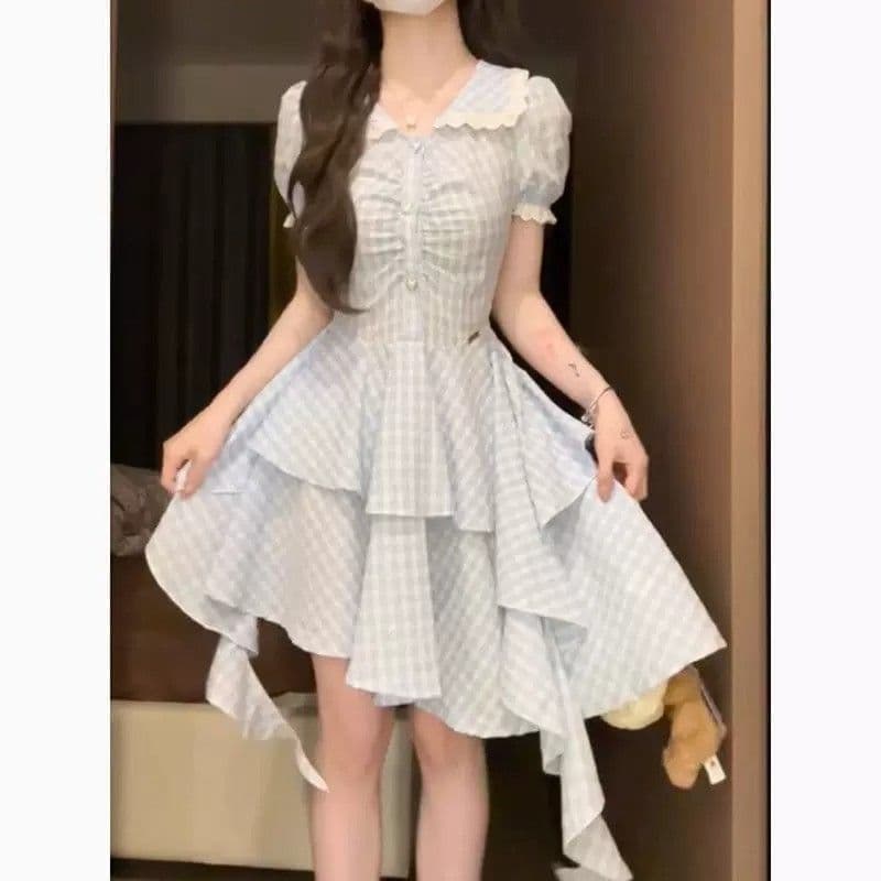 파란색 체크무늬 베이비 칼라 여성 드레스 여름 작은 키 레트로 학원 스타일 디자인 센스 불규칙 짧은 치마 상세 이미지 3