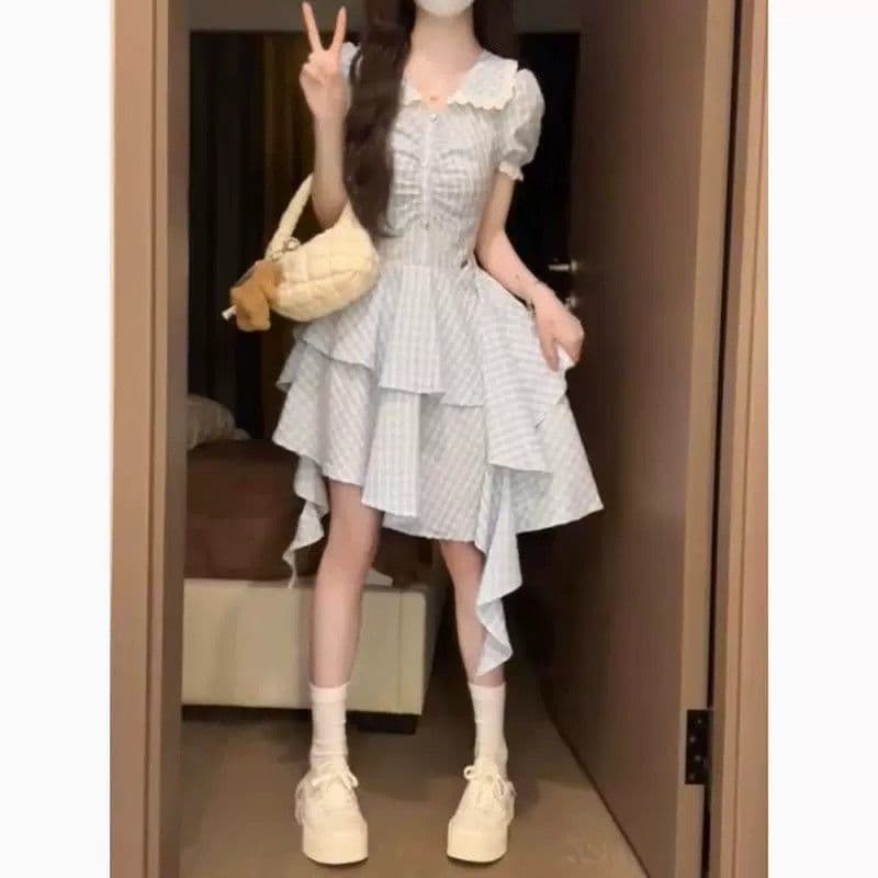파란색 체크무늬 베이비 칼라 여성 드레스 여름 작은 키 레트로 학원 스타일 디자인 센스 불규칙 짧은 치마 상세 이미지 7