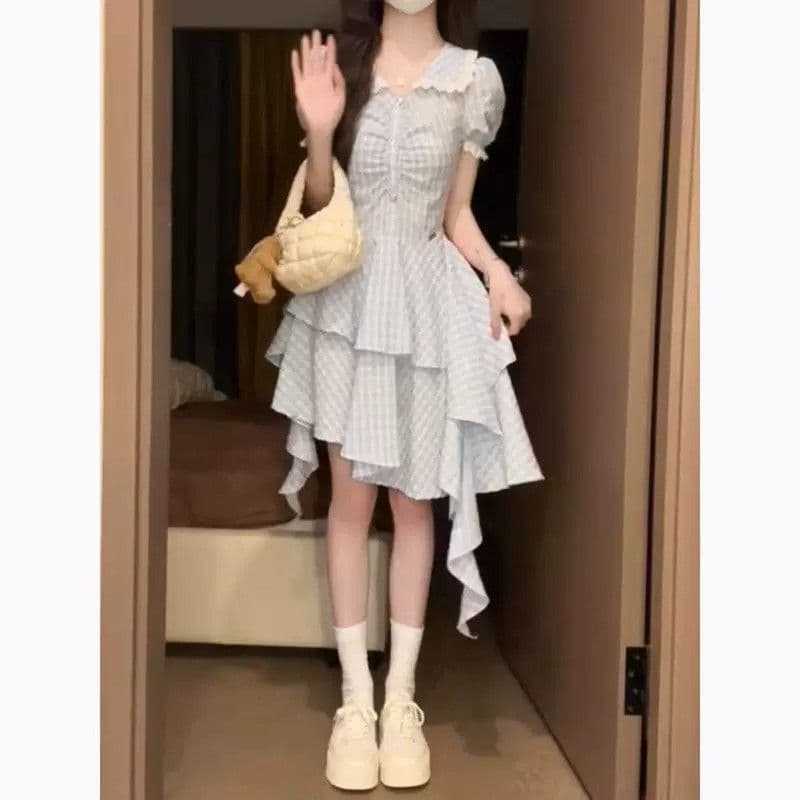 파란색 체크무늬 베이비 칼라 여성 드레스 여름 작은 키 레트로 학원 스타일 디자인 센스 불규칙 짧은 치마 상세 이미지 9
