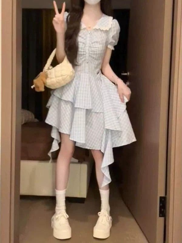 파란색 체크무늬 베이비 칼라 여성 드레스 여름 작은 키 레트로 학원 스타일 디자인 센스 불규칙 짧은 치마 상세 이미지 16