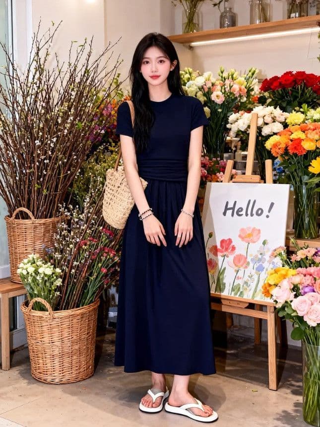라운드 넥 긍정적 인 어깨 새로운 반팔 슬림해 보이는 여성 드레스 여름 품격 몸매 가꾸기 허리 수축 한 마디 빅 플레어 스커트 길다 치마 상세 이미지 4