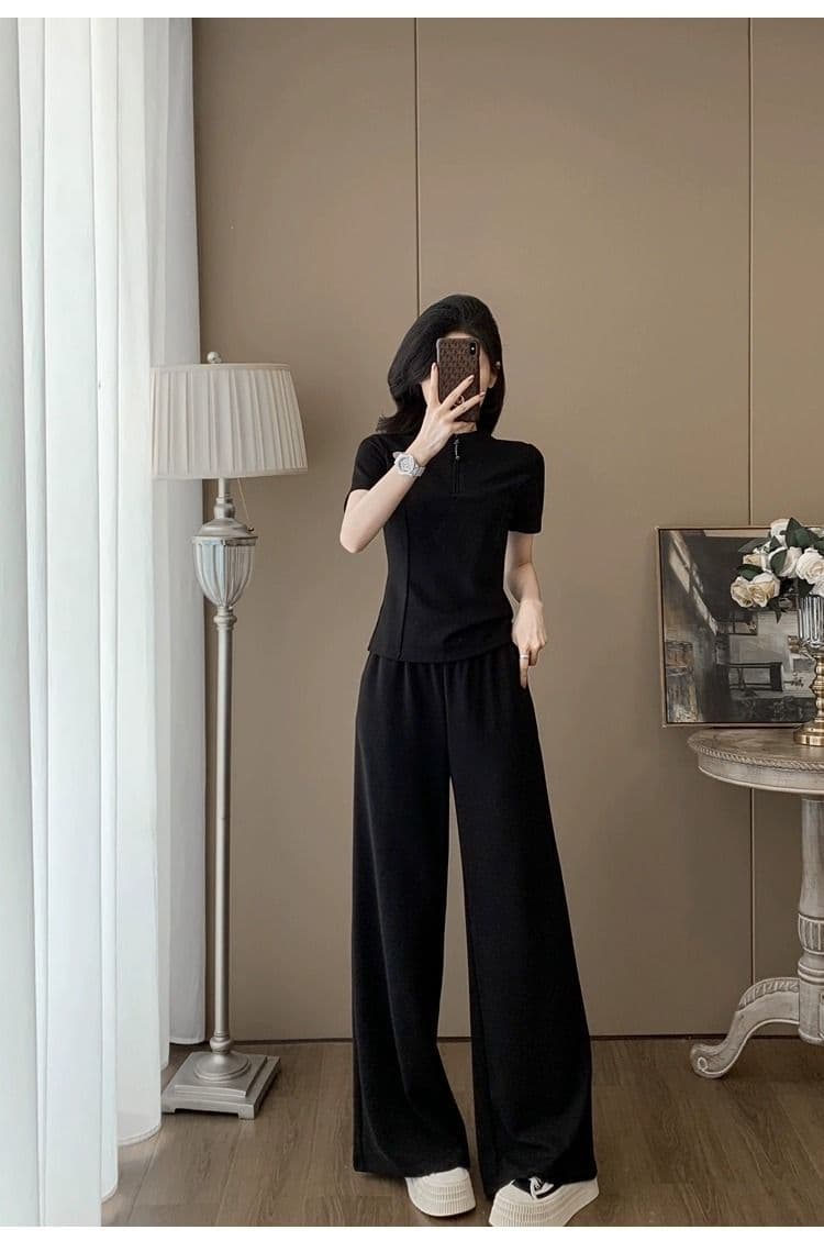 패션 캐주얼 스포츠 슈트 여성 2026 여름 새로운 반팔 맨위 와이드 레그 팬츠 투피스 세트 트렌디 942 상세 이미지 23