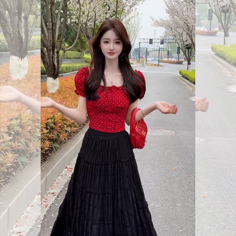 빨간색 도트 무늬 광장 칼라 버블 반팔 티셔츠 여성 여름 아름다운 순수한 욕망 달콤한 매운맛 바람 쇼트 스타일 몸매 가꾸기 작은 셔츠 맨위 상세 이미지 4