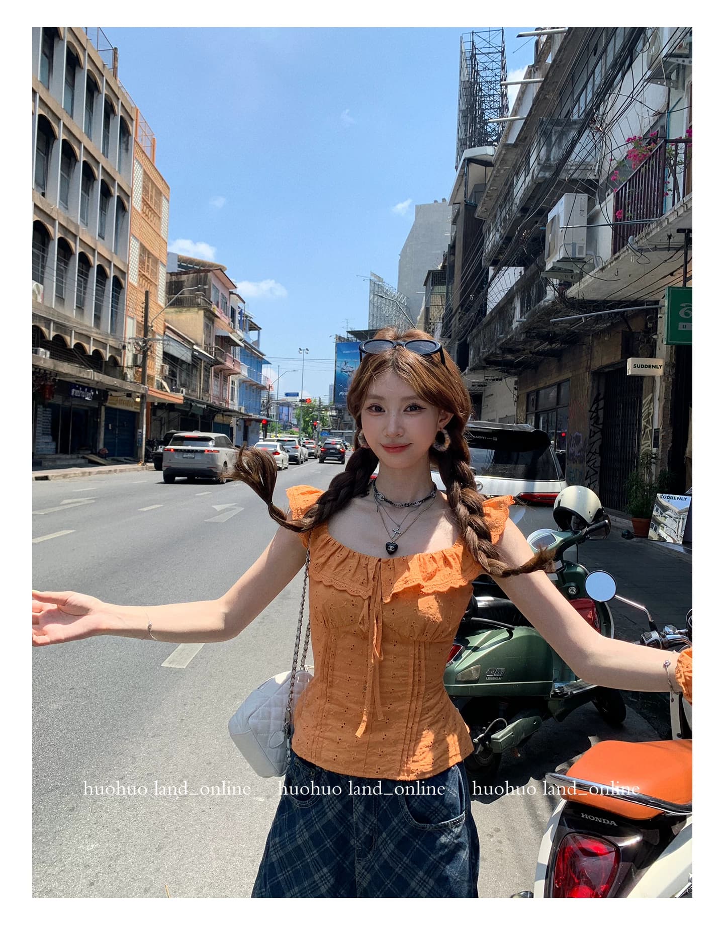 한여름 달콤한 오렌지색 활력 디스플레이 화이트 2026 여름 새로운 맨위 여성 프랑스식 프릴 칼라 몸매 가꾸기 셔츠 상세 이미지 20