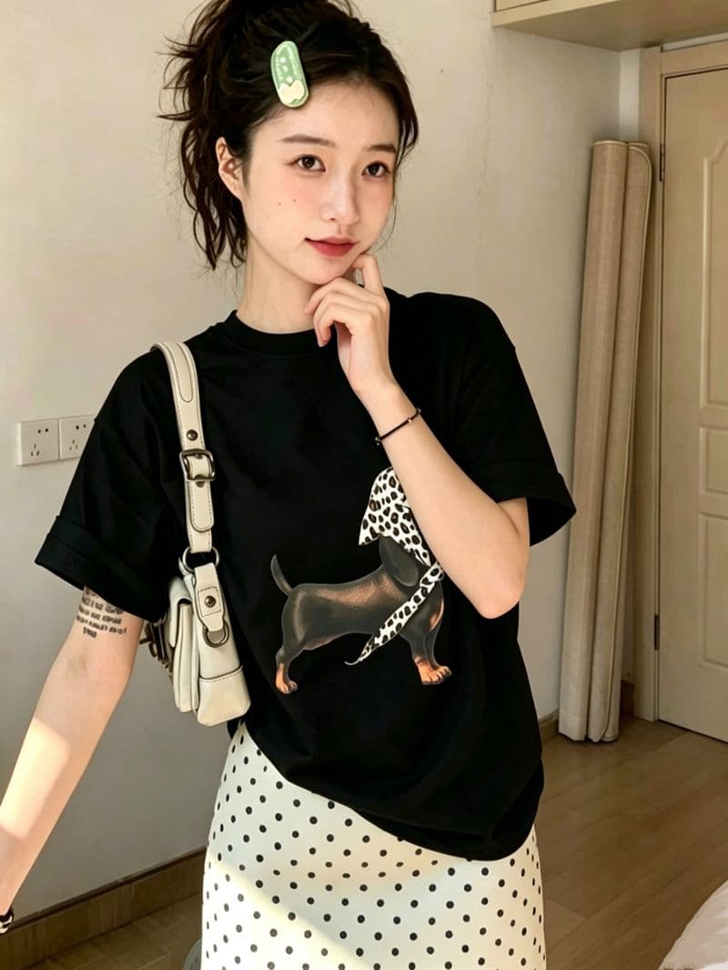 경관 그림 21 순면 210 그램 면 여름 드레스 반팔 티셔츠 여성 한국 스타일 빅 사이즈 루즈핏 상세 이미지 7
