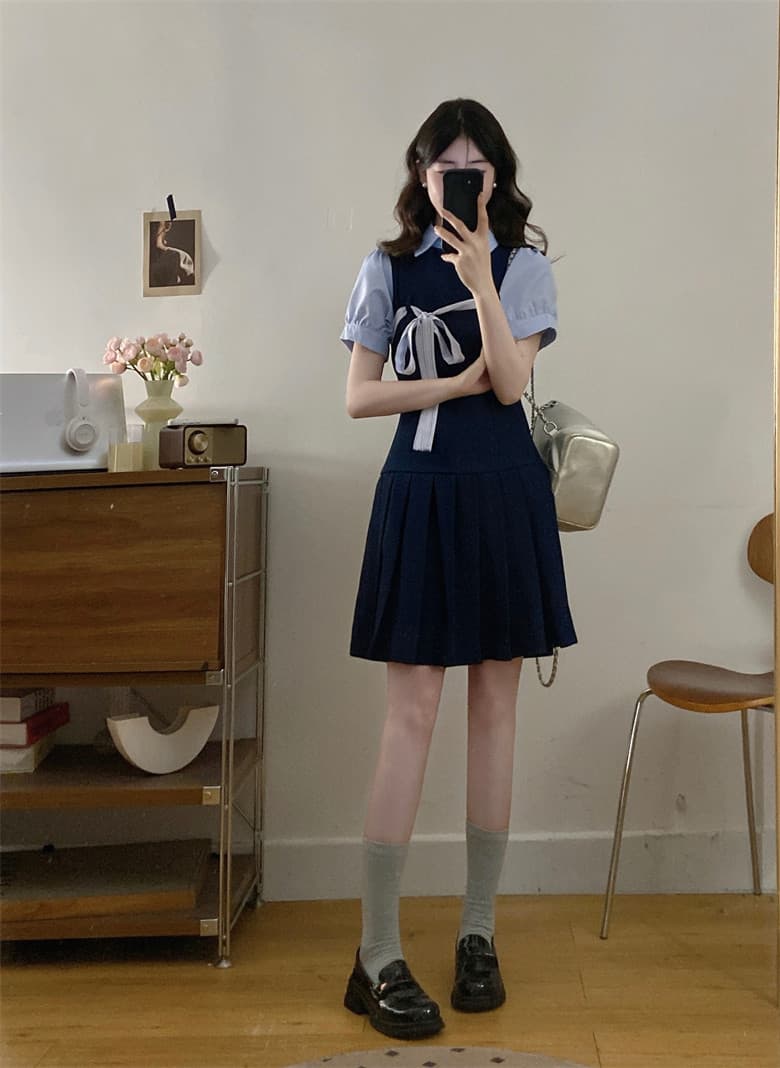 달콤함 miu 부서 학원 스타일 해군 여성 드레스 초여름 새로운 페이크 레이어드 디자인 센스 플리츠 짧은 치마 상세 이미지 5