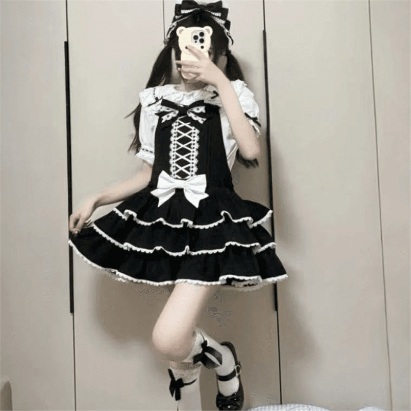 일본식 부드러운 자매 나비 매듭 lolita 베이비 칼라 반팔 셔츠 학생 루즈핏 슬림해 보이는 레이스 측면 셔츠 인사이드 가져 가라. 이미지 3