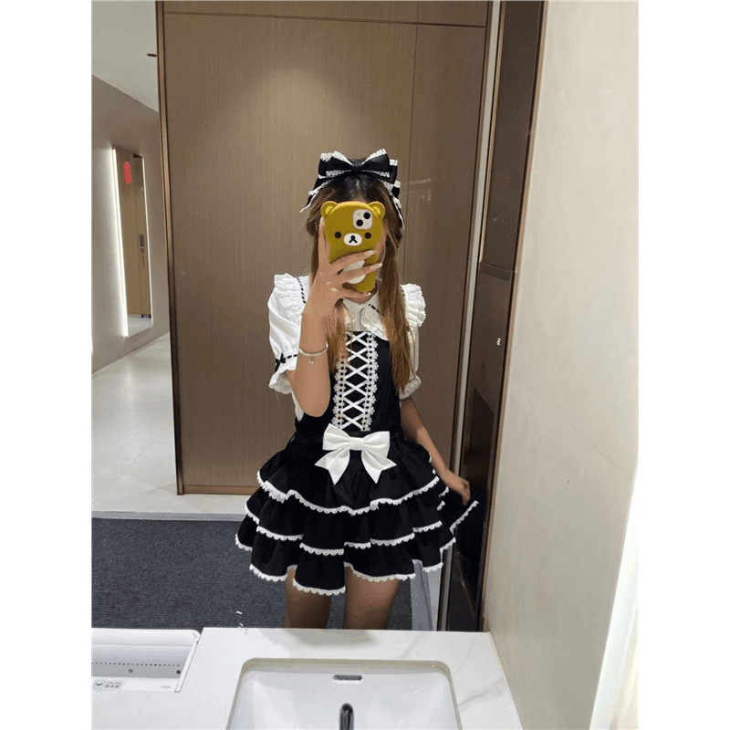 일본식 부드러운 자매 나비 매듭 lolita 베이비 칼라 반팔 셔츠 학생 루즈핏 슬림해 보이는 레이스 측면 셔츠 인사이드 가져 가라. 이미지 2