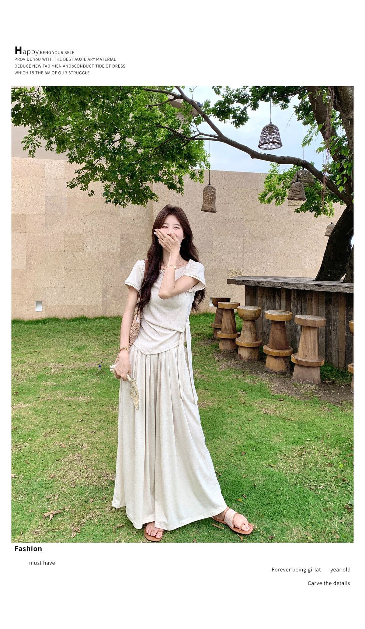 올해 인기 ~ 중 패션 세트 디자인 센스 스트랩 반팔 티셔츠 하이웨이스트 캐주얼 와이드 레그 팬츠 투피스 세트 여름 여성 상세 이미지 4