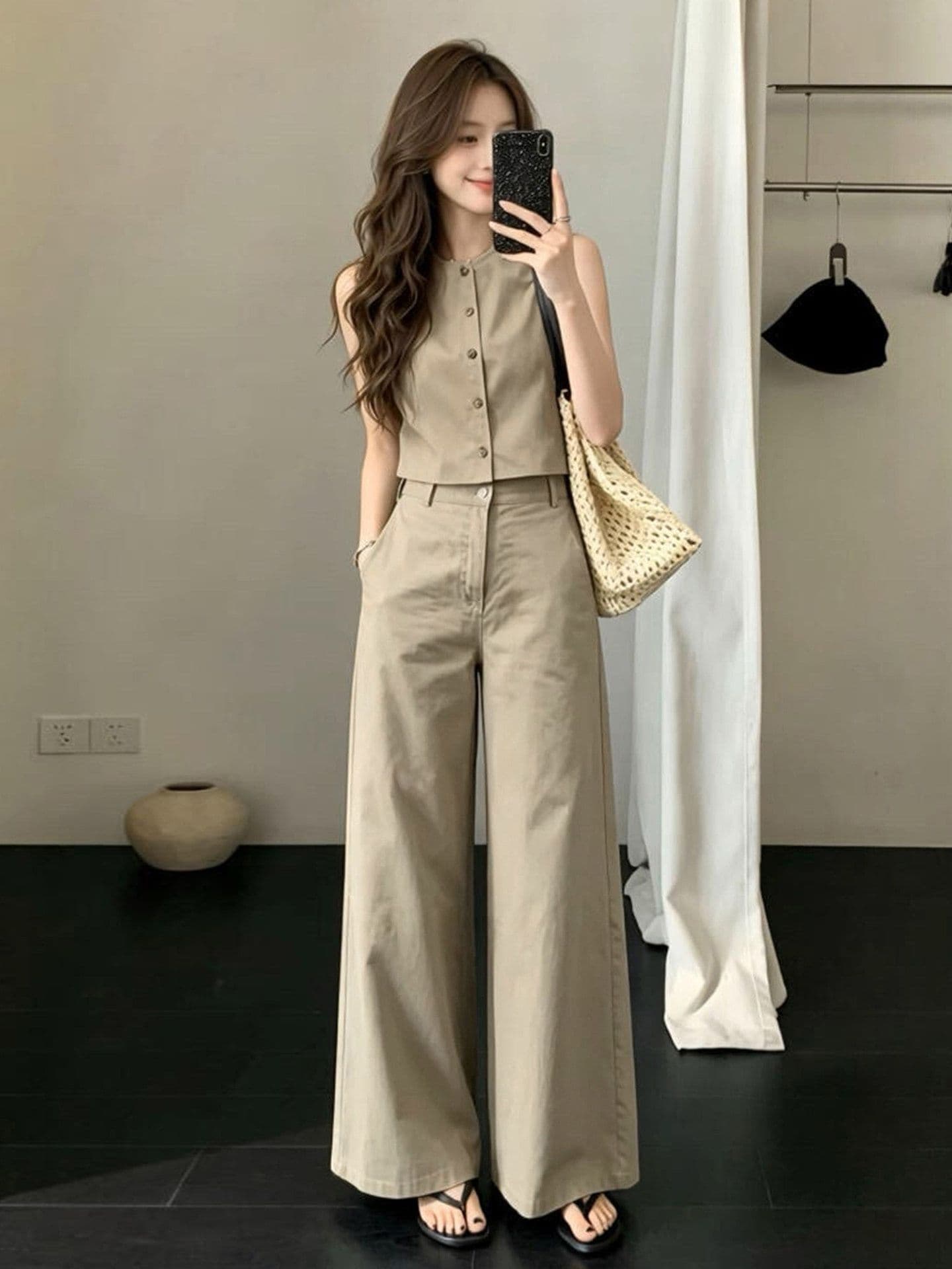 자이언트 잘 생긴 ootd 착용 가져 가라. 전체 집합 여름 새로운 민소매 맨위 캐주얼 루즈핏 와이드 팬츠 투피스 슈트 여성 이미지 3